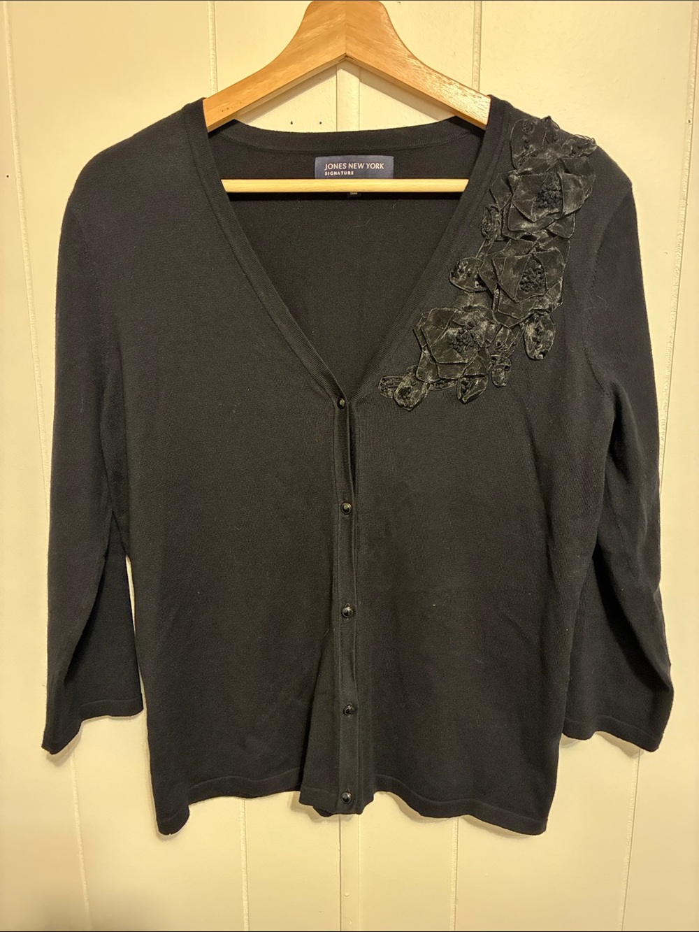 Jones New York Black V-Neck Cardigan with Floral Appliqué